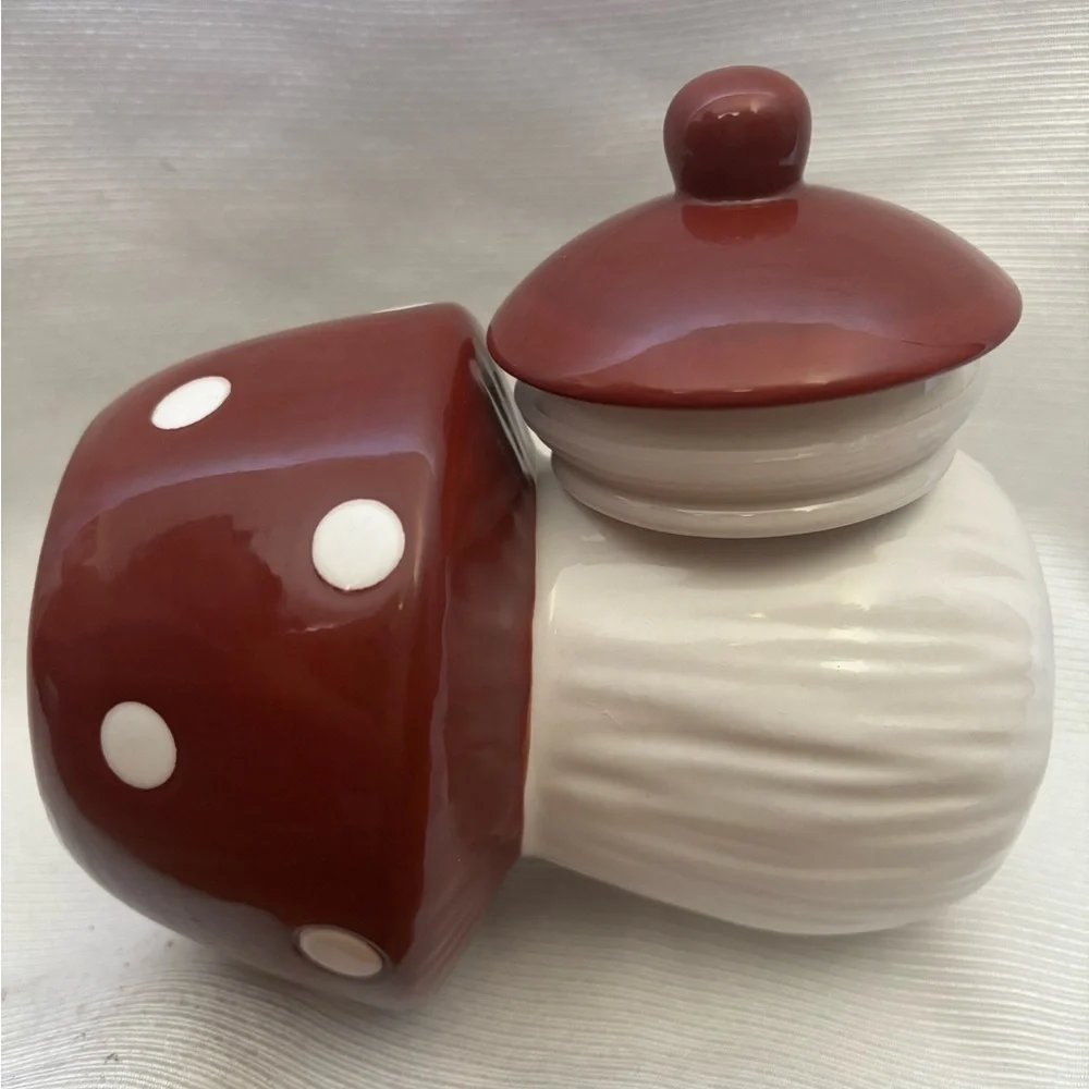 Red and White Ceramic Canister Mushroom Decor